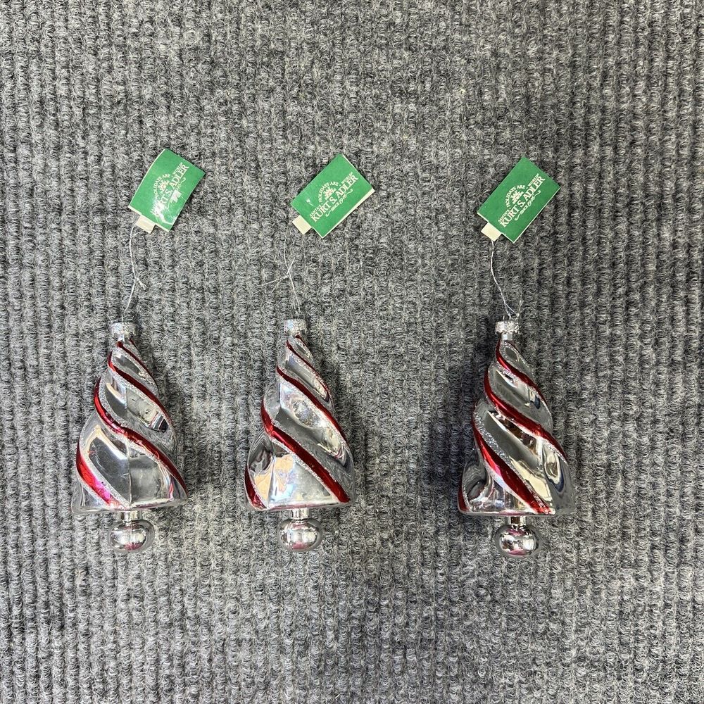 Kurt S Adler Christmas Tree Red Silver Striped Glitter 4.5x2 Ornaments Set Of 3